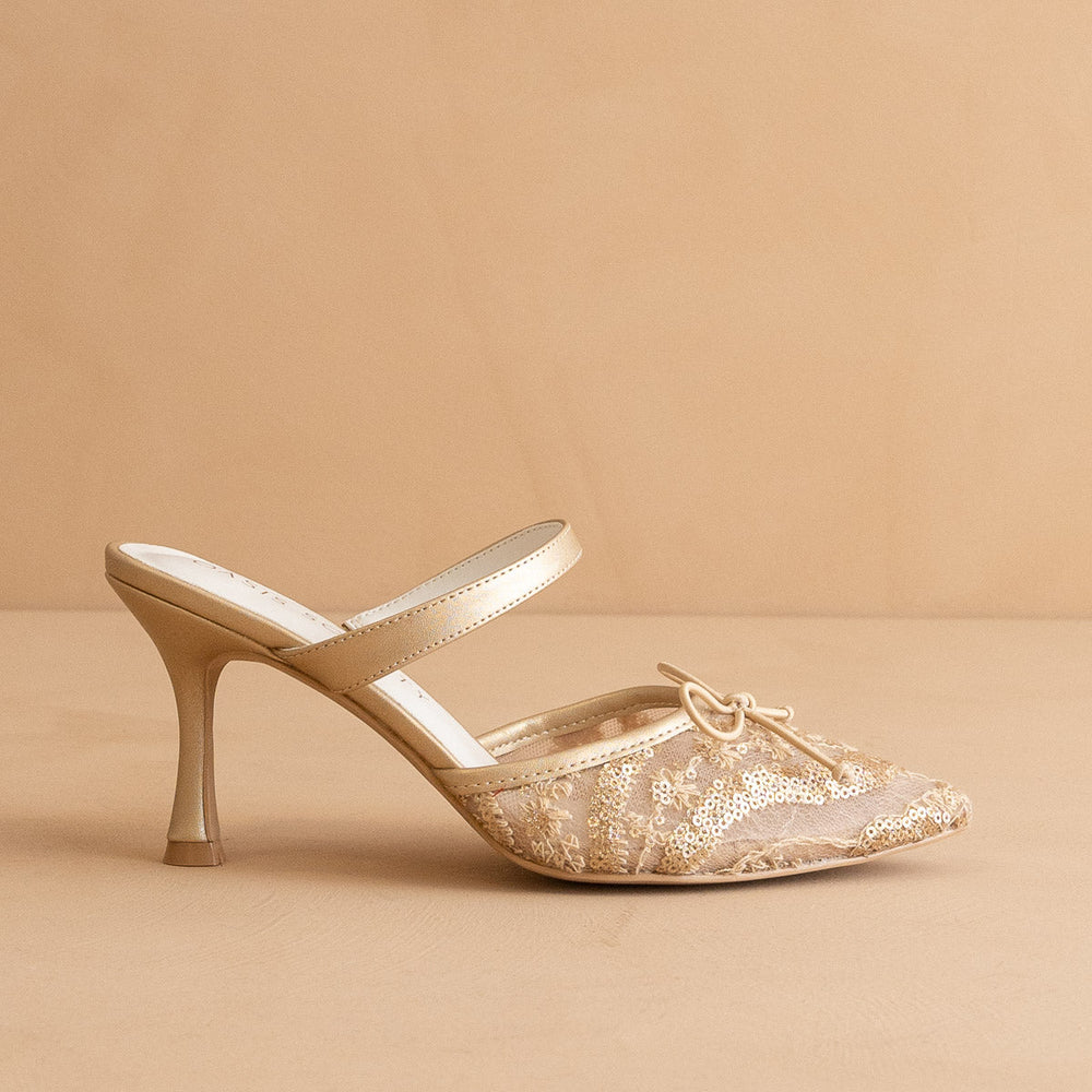 Katie Gold Lace Pointed Toe Mid Heel Mule
