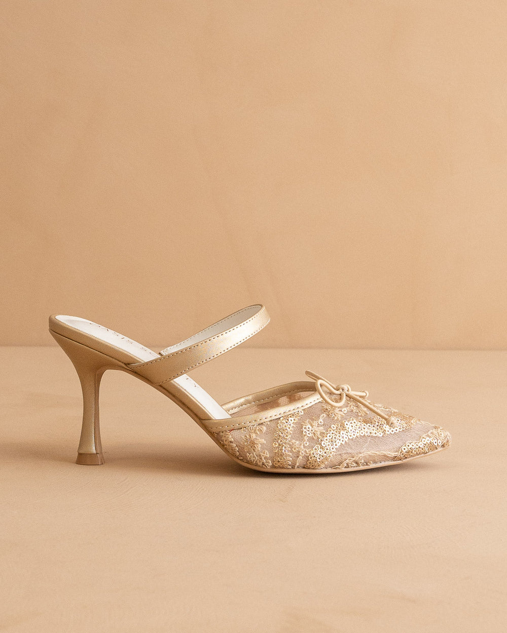 Katie Gold Lace Pointed Toe Mid Heel Mule