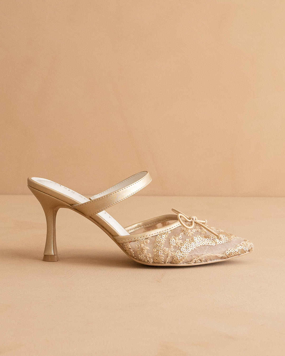 Katie Gold Lace Pointed Toe Mid Heel Mule