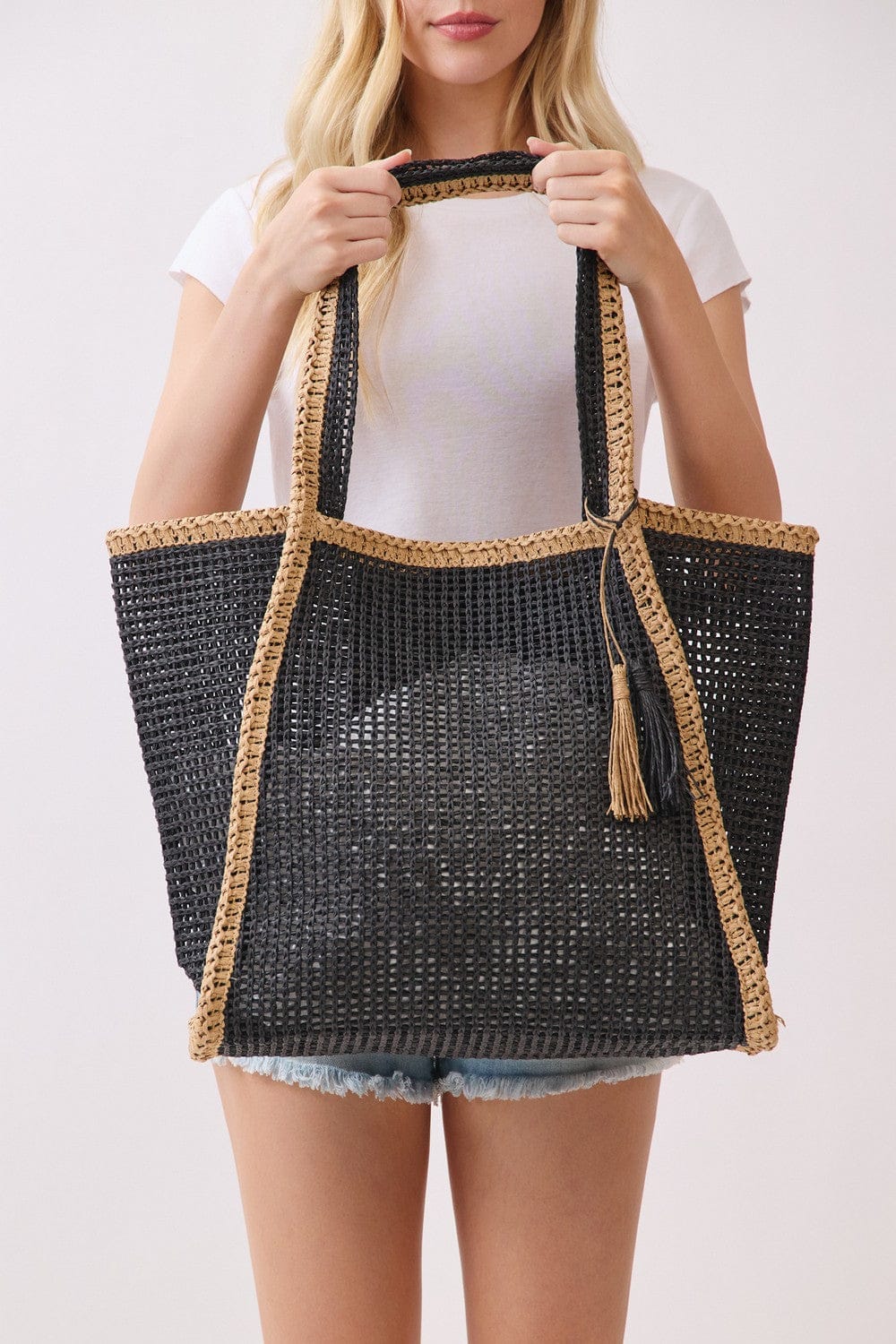 Two Tone Woven Straw Beach Tote- 2 Colors