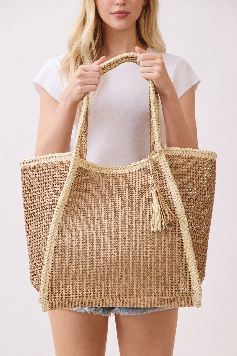Two Tone Woven Straw Beach Tote- 2 Colors