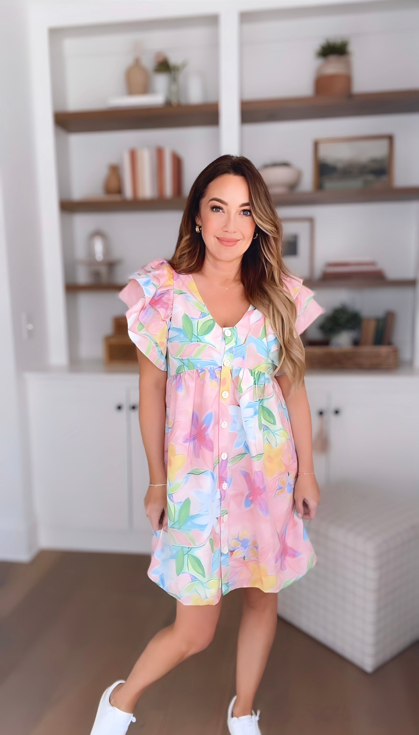 Pastel Pallet Floral Button Ruffle Dress