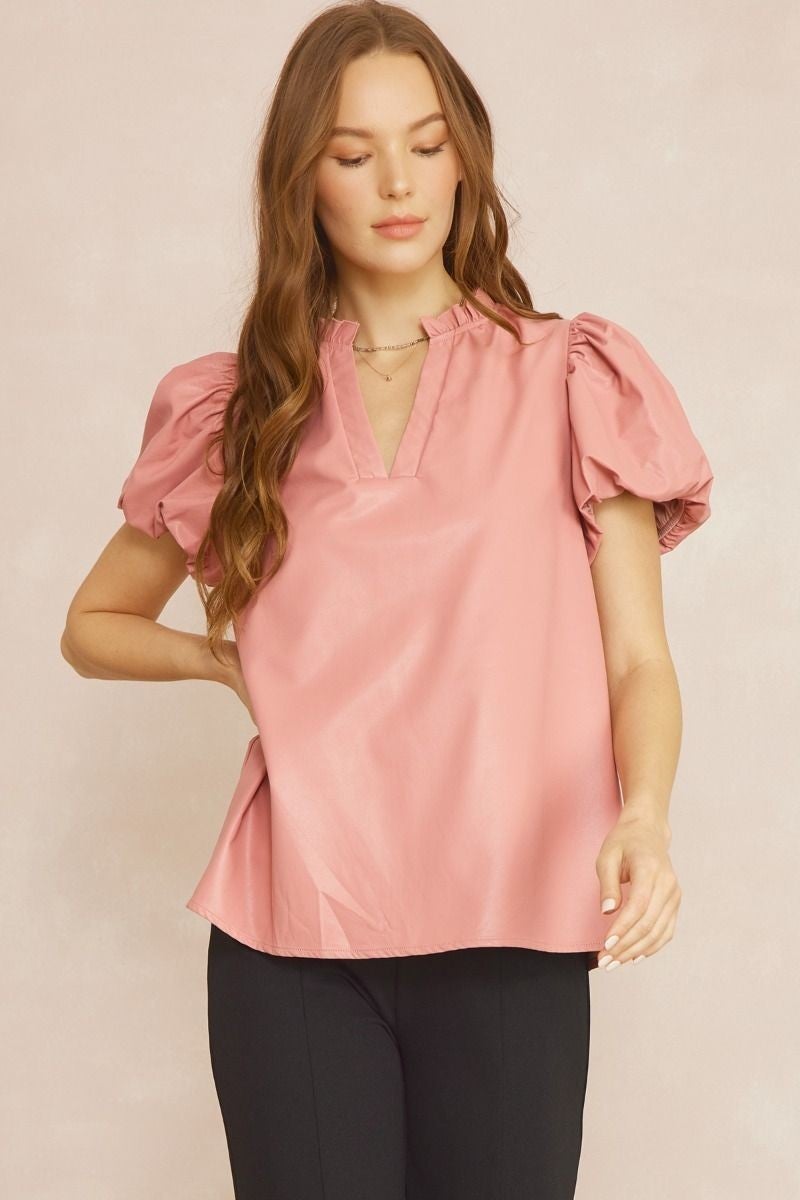 Faux Leather Puff Sleeve Blouse - 2 COLORS