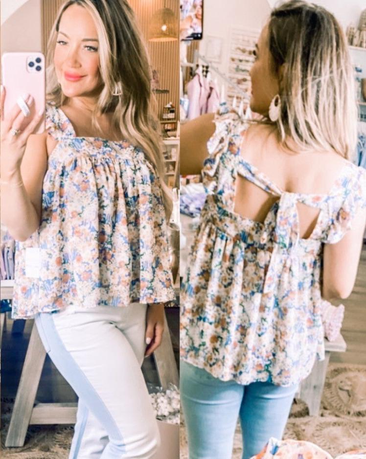 Bermuda Blue Floral Tie Back Top